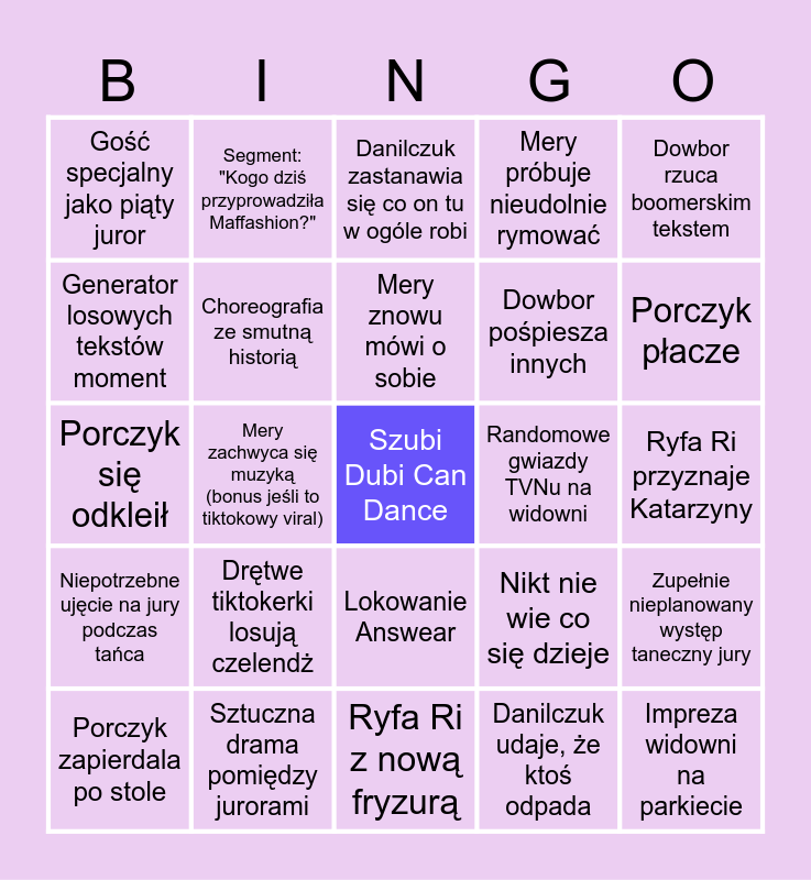 You Can Dance Bingo Card