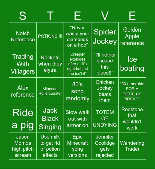 MINECRAFT MOVIE Bingo Card