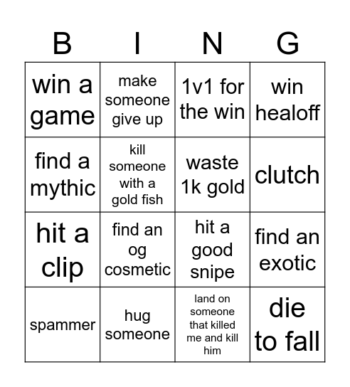 fortnite reload bingo Card