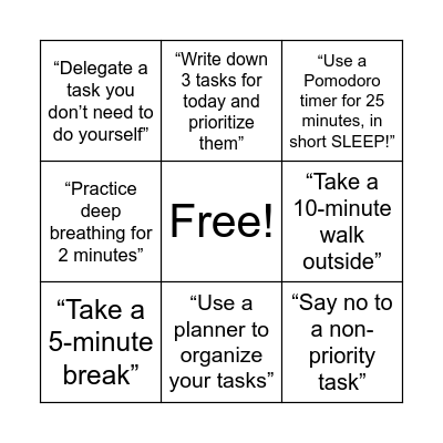 STRESS & TIME MANAGEMENT Bingo Card