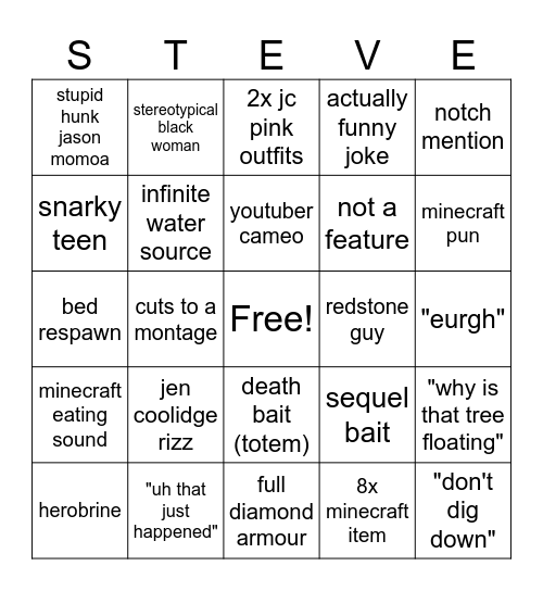 MINECRAFT MOVIE BINGO Card