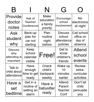 Attendance Tips Bingo Card