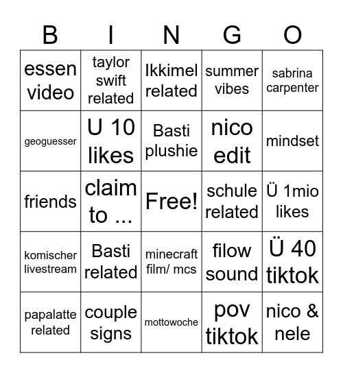 tiktok bingo Card