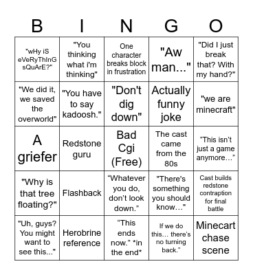 Minecraft Movie Bingo Card