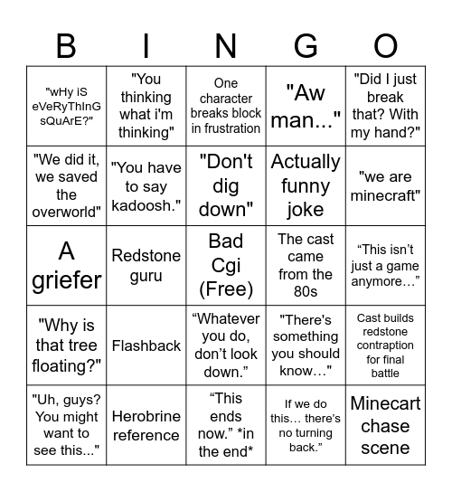 Minecraft Movie Bingo Card