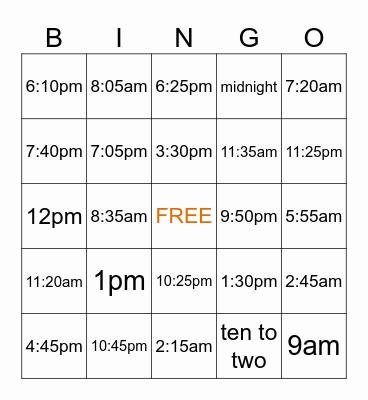 Telling the Time Bingo Card