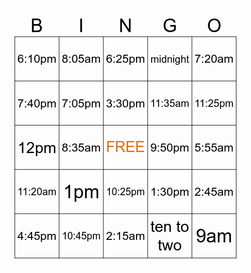 Telling the Time Bingo Card