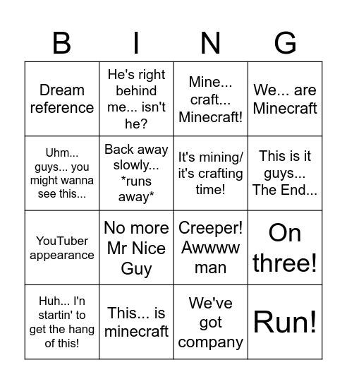 Minecraft Movie Bingo Card