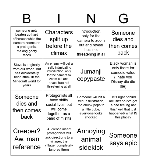 Minecraft movie bingo >_< Bingo Card