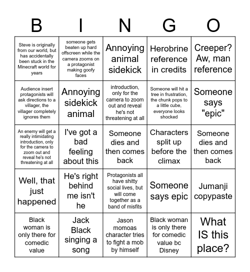 Minecraft movie bingo >_< Bingo Card