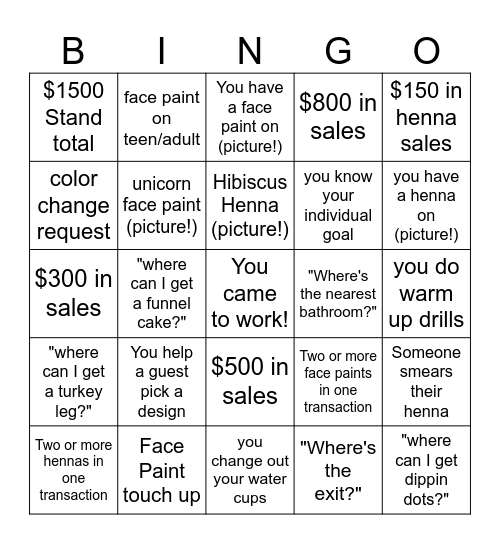 Body Art Bingo Card