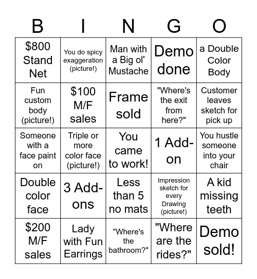 Caricature Bingo Card