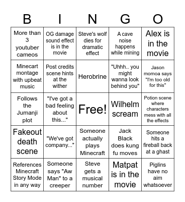 Minecraft Movie Bingo Card