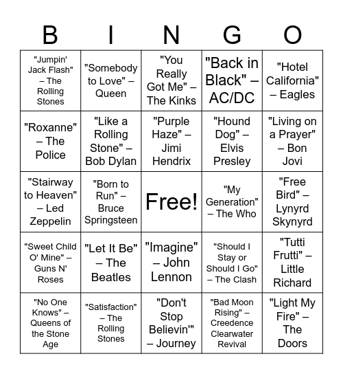 Rock n Roll Bingo Card