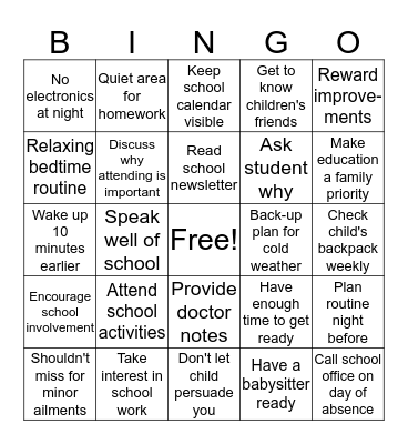 Attendance Tips Bingo Card