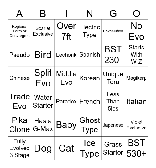 Pokemon Trading Bingo Card