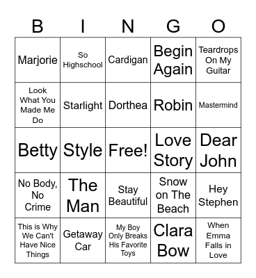 SONGS THAT MENTION SOMEONE Bingo Card