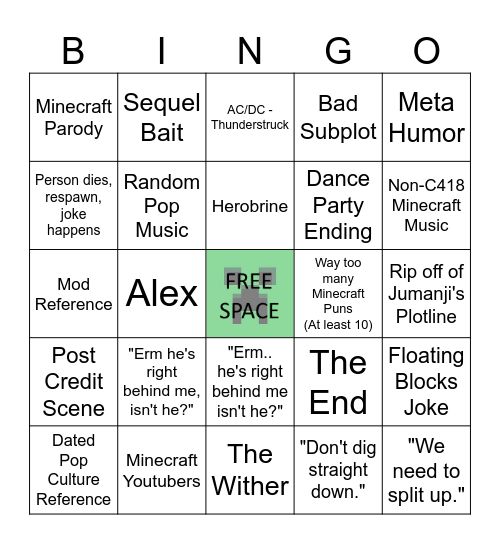 Minecraft Movie Bingo Card