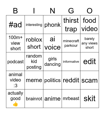 Youtube Shorts Bingo Card