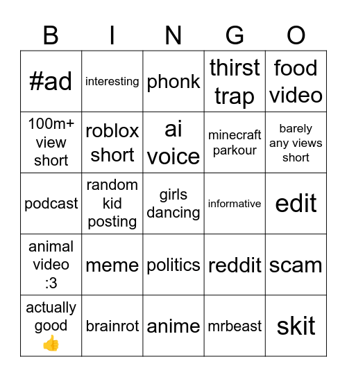 Youtube Shorts Bingo Card