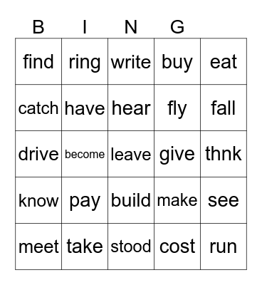 Irregular Verbs Bingo Card