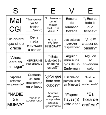 Minecraft the Movie Bingo Card