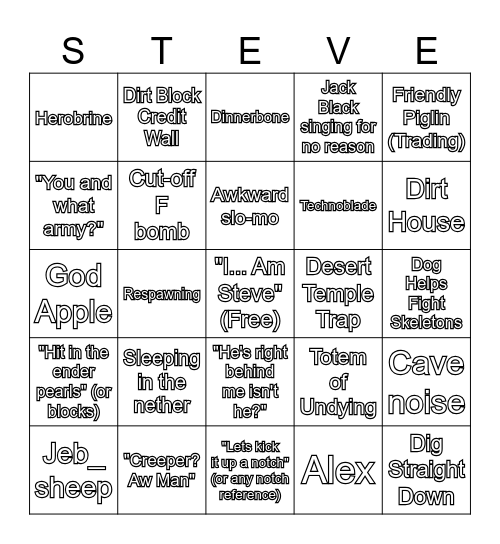 Minecraft Movie Bingo Card