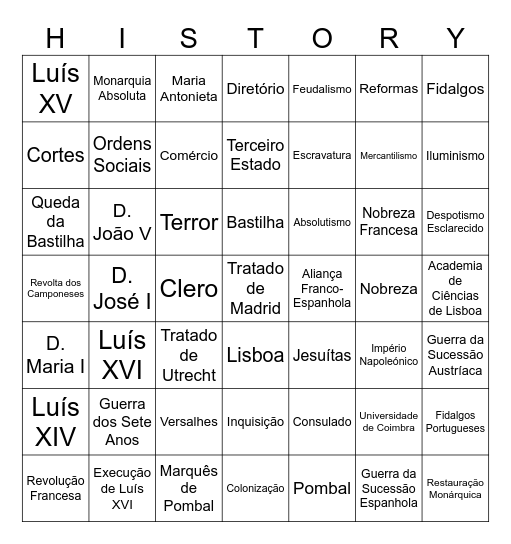 Antigo Regime Bingo Card