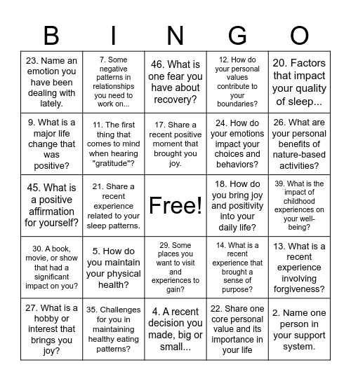 Recovery Bingo Card