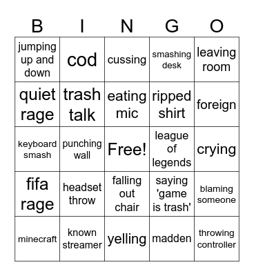 gamer rage Bingo Card