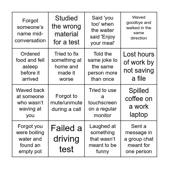 Failure Bingo Card