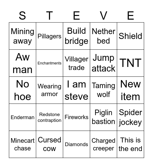 This is Minecraft Bingo Card