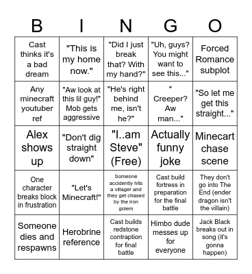 Minecraft Movie Bingo Card