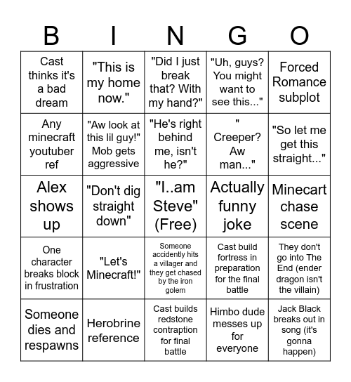 Minecraft Movie Bingo Card