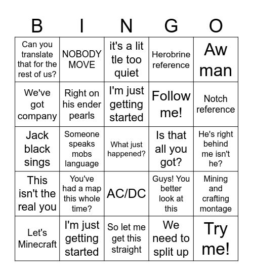Minecraft movie Bingo Card
