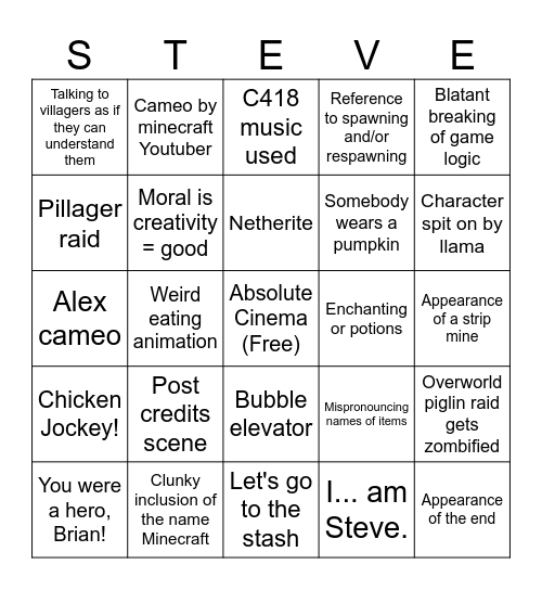 Minecraft Cinema Experience Bingo Card