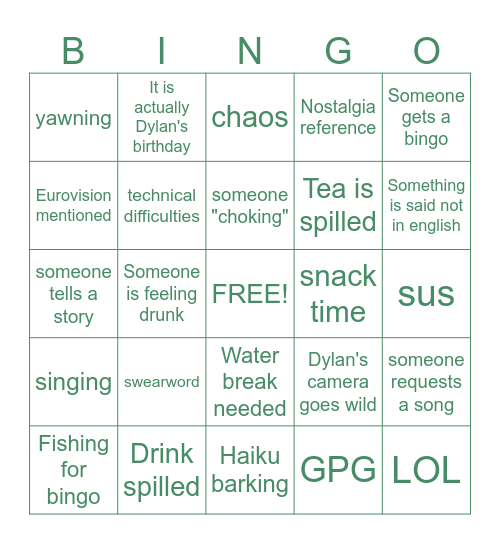 Dylan's oldening bingo Card