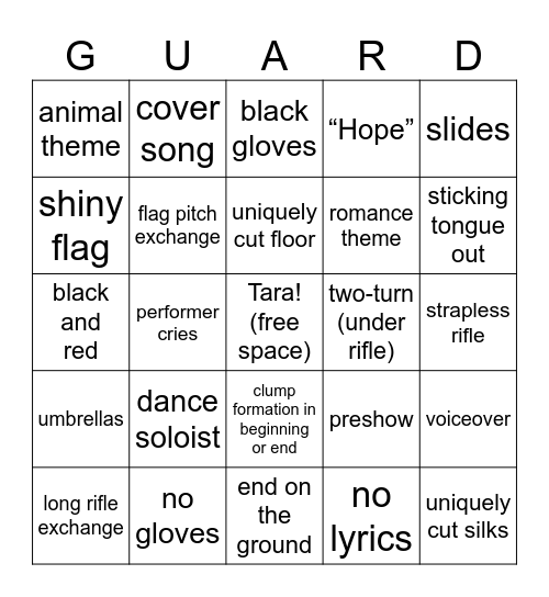 Guard Bingo Card