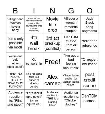 Minecraft movie bingo Card