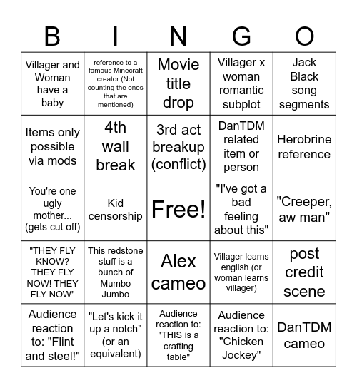 Minecraft movie bingo Card