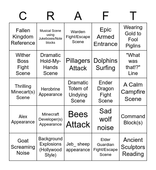 A Minecraft Movie Bingo Card