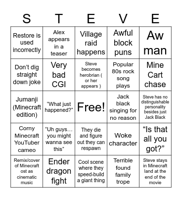 Minecraft movie bingo Card