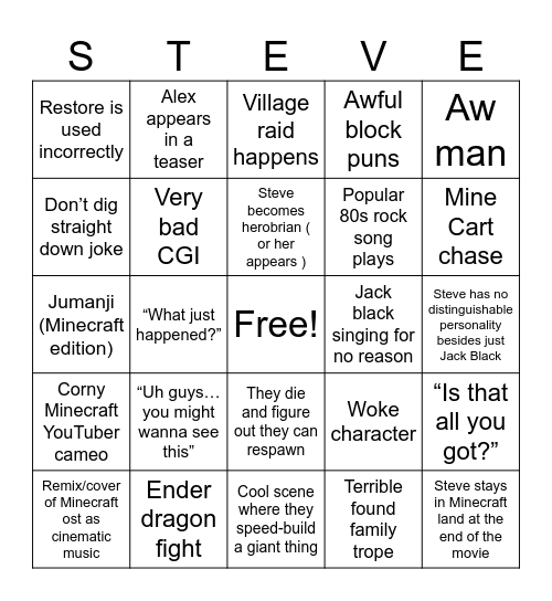 Minecraft movie bingo Card