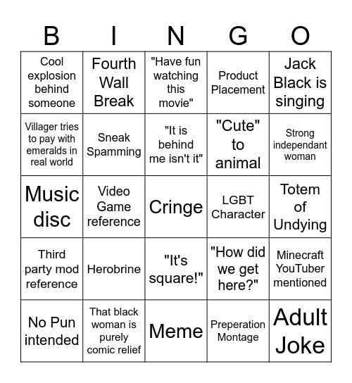 A Minecraft Movie Bingo Card