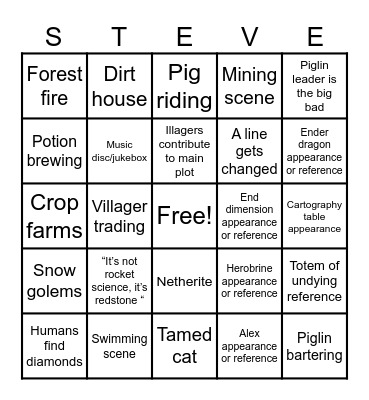 A Minecraft Movie Bingo Card