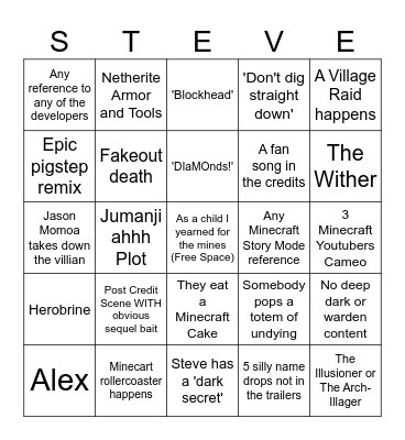 Minecraft Movie Bingo Card