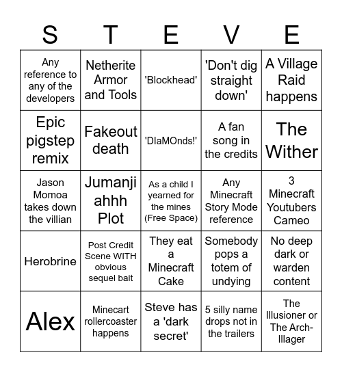 Minecraft Movie Bingo Card