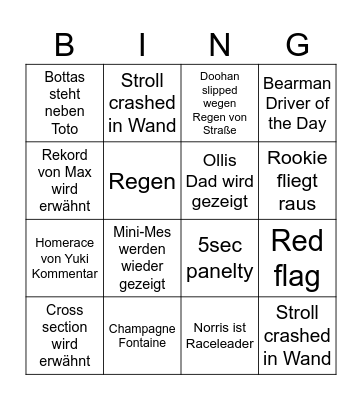 Suzuka Race Bingo Card