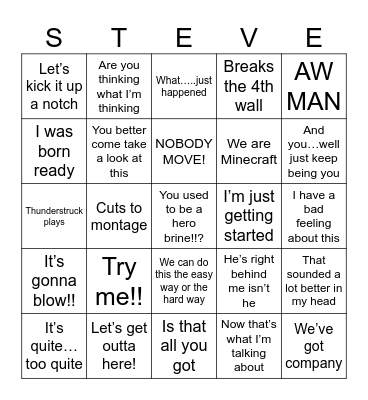 Minecraft Movie Bingk Bingo Card