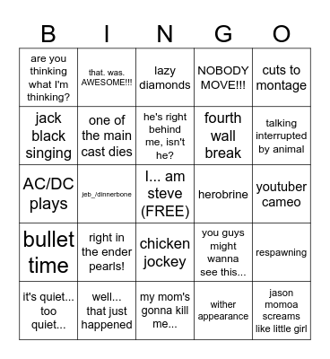 A Minecraft Movie Bingo Card